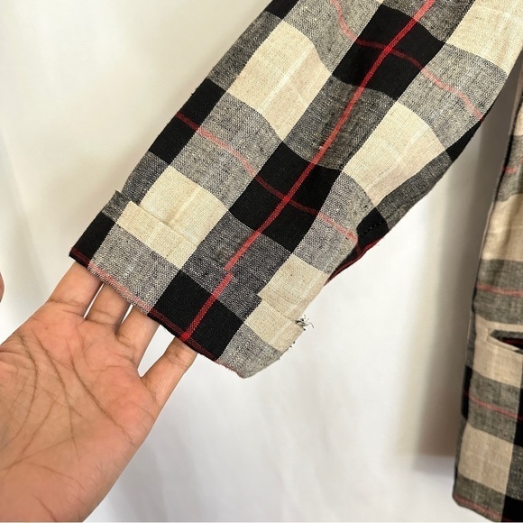 90s Vintage Requirements Linen Khaki Black Beige Red Checked Blazer Jacket Sz 10 - Picture 6 of 14